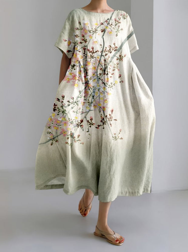 Vintage Cherry Blossom In The Full Moon Art Linen Blend Maxi Dress