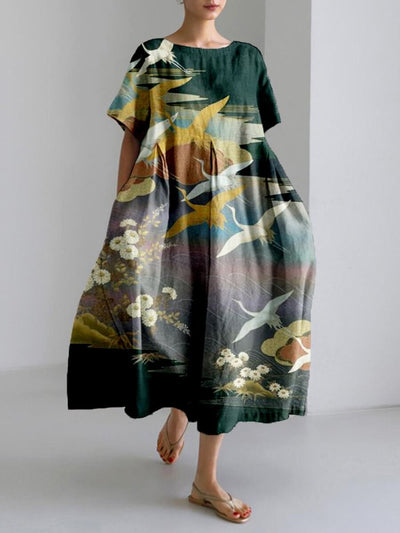 Vintage Cranes Japanese Art Linen Blend Maxi Dress