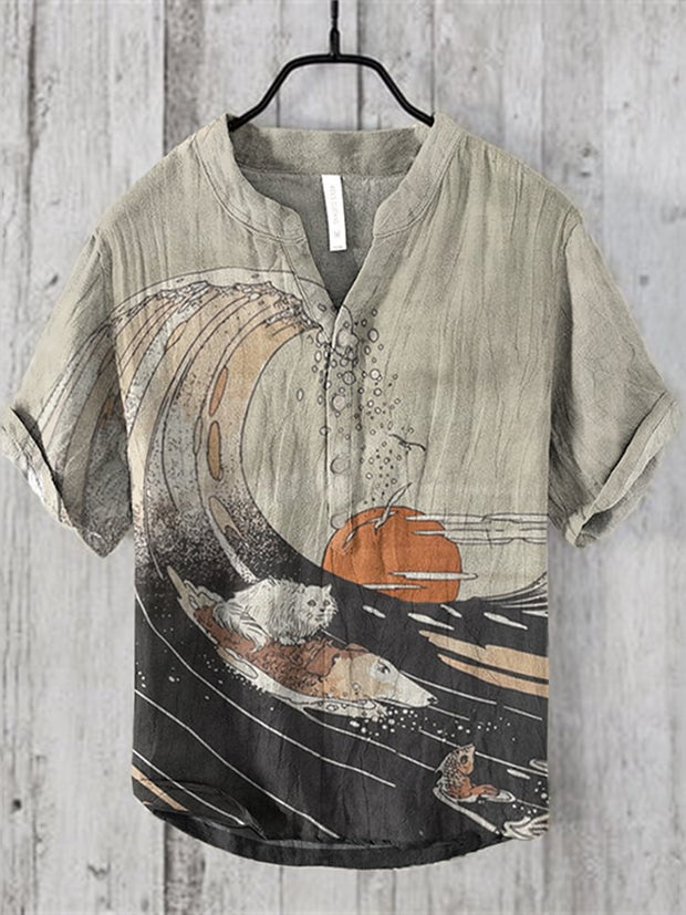 Vintage Dog Cat Surfing Japanese Huge Waves Art Print V-Neck Short Sleeved Shirt