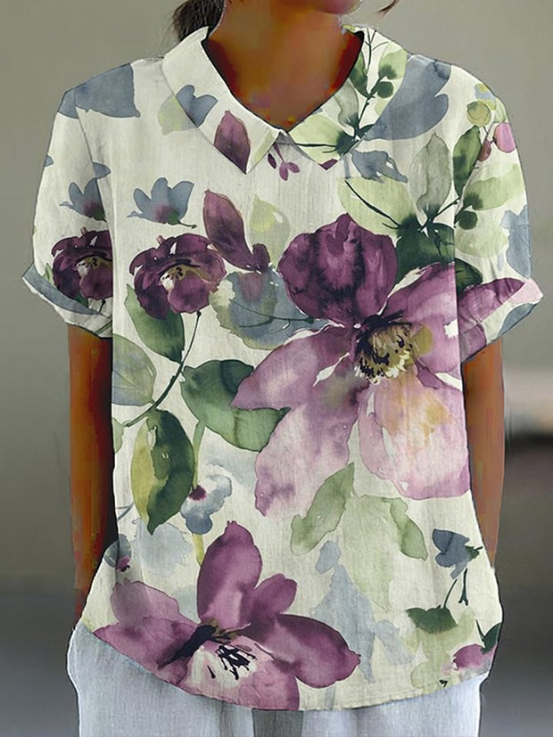 Vintage Elegant Botanical Floral Art Casual Cotton Linen Shirt