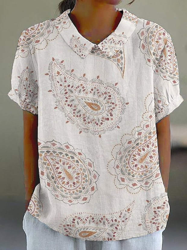 Vintage Ethnic Paisley Place Cream Geometric Pattern Printed Casual Cotton Linen Shirt