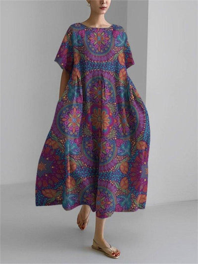 Vintage Ethnic Print Short Sleeve Loose Midi Dress