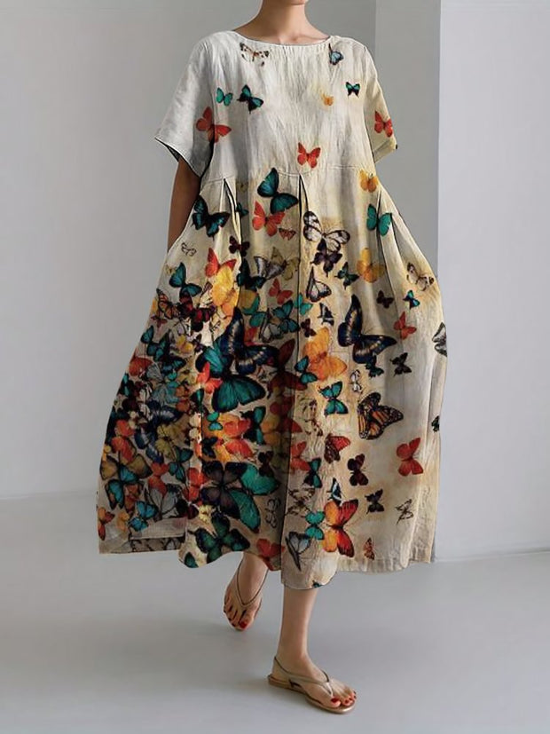 Vintage Faded Butterflies Art Linen Blend Maxi Dress