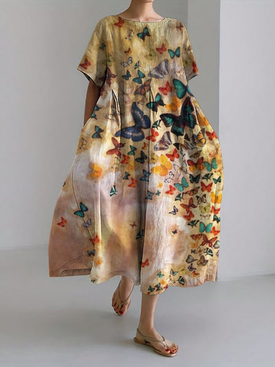 Vintage Faded Butterflies Art Linen Blend Maxi Dress
