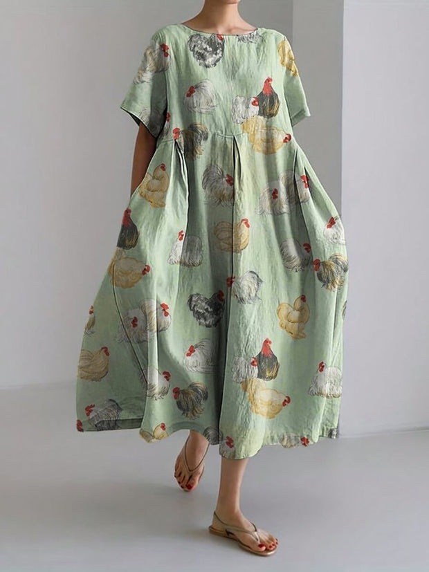 Vintage Farm Chicken Pattern Linen Blend Maxi Dress