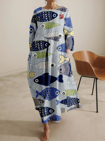 Vintage Fish Japanese Art Linen Blend Maxi Dress