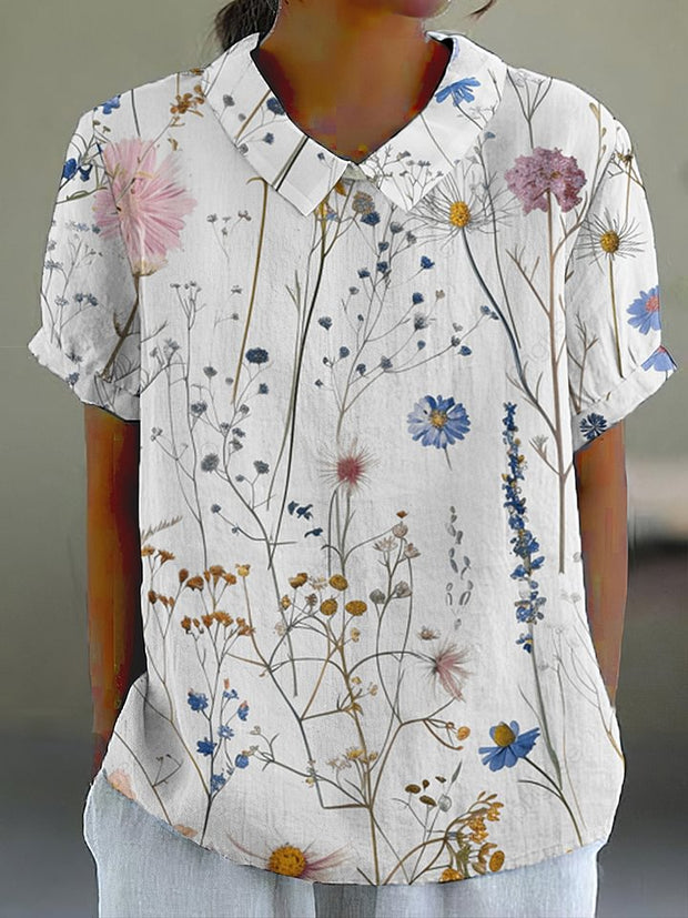 Vintage Floral Art Print Casual Cotton Linen Shirt