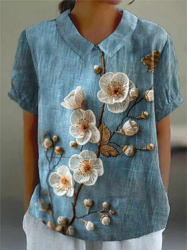 Vintage Floral Art Print Casual Cotton Linen Shirt