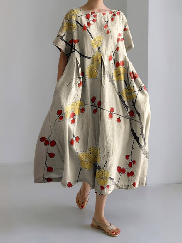 Vintage Floral Art Printed Round Neck Casual Midi Dress