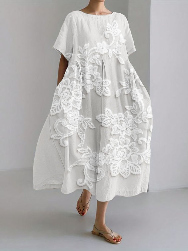 Vintage Floral Lace Embroidered Linen Blend Maxi Dress