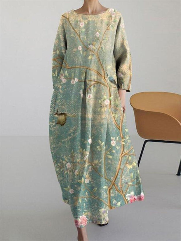 Vintage Floral Print Casual Midi Dress