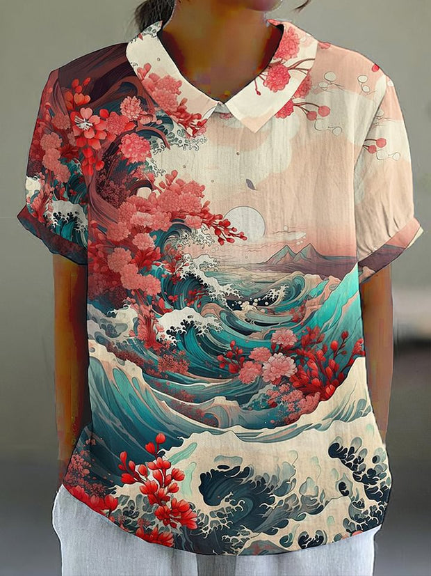 Vintage Floral Sea Wave Japanese Art Casual Cotton Linen Shirt