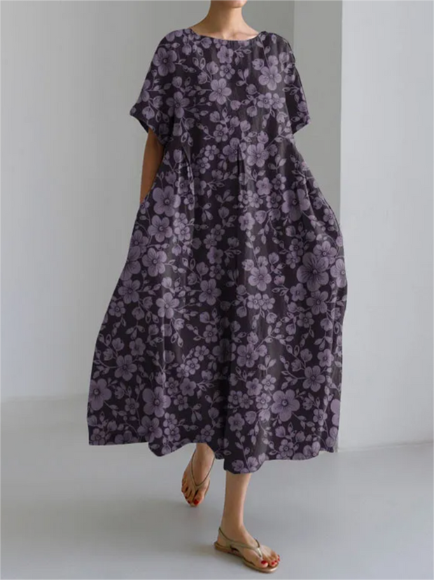 Vintage Flower Print Crew Neck Short Sleeve Loose Midi Dress