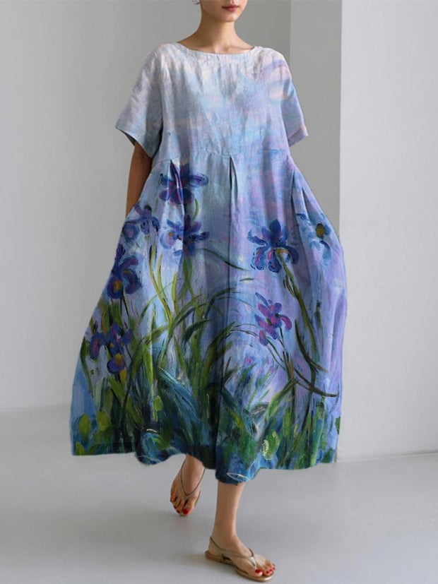 Vintage Iris Oil Painting Art Cozy Cotton Linen Dress