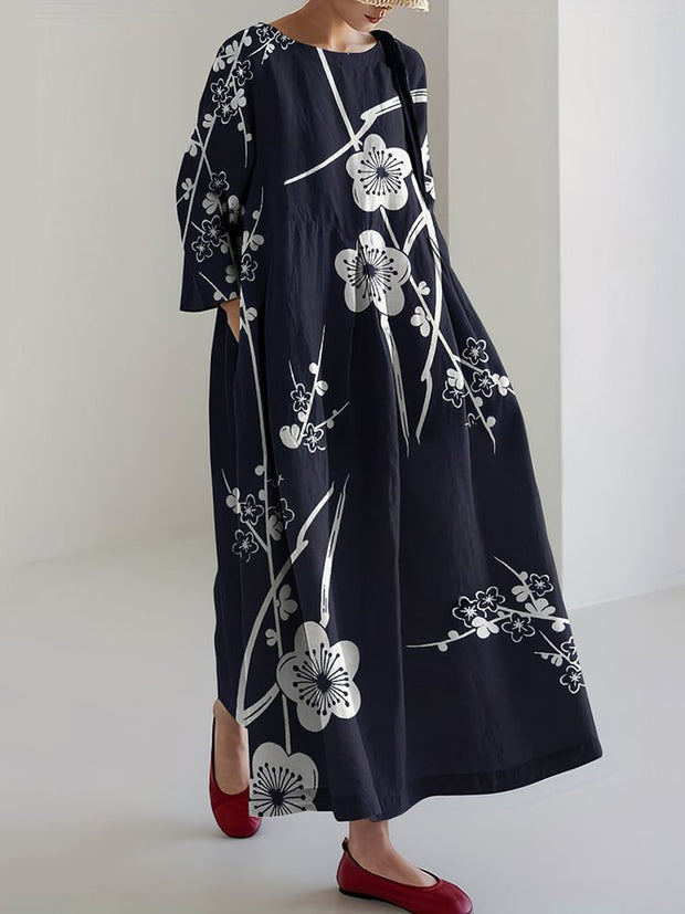 Vintage Japanese Art Flower Print Casual Midi Dress