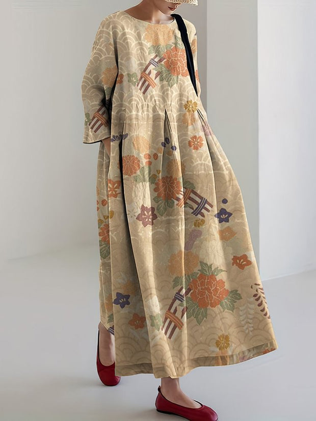 Vintage Japanese Art Flower Print Midi Dress