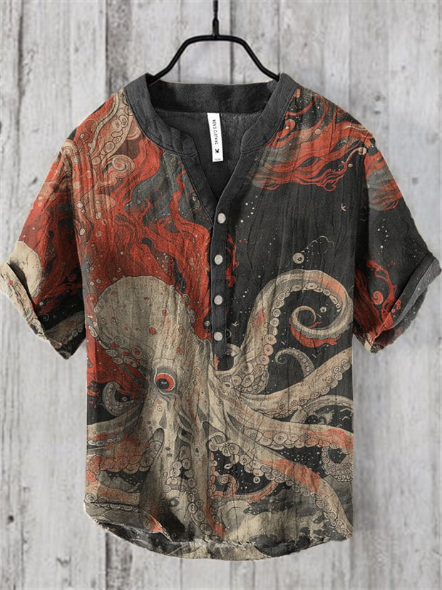 Vintage Japanese Art Octopus Print V-Neck Linen Blend Shirt