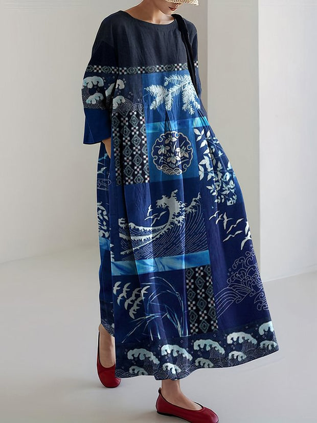 Vintage Japanese Art Of Plants Patchwork Waves Print Casual Midi Dress