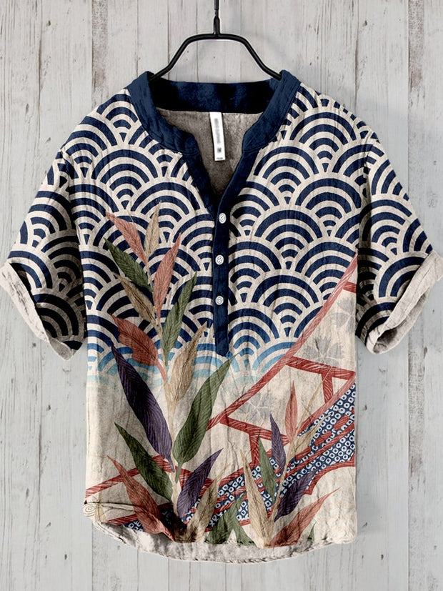 Vintage Japanese Art Pattern Linen Blend Cozy Shirt