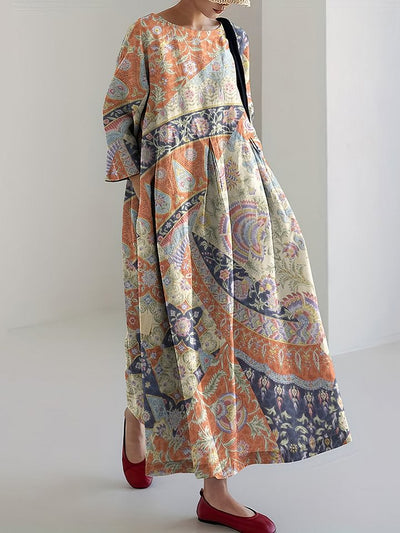 Vintage Japanese Art Print Linen Blend Loose Midi Dress