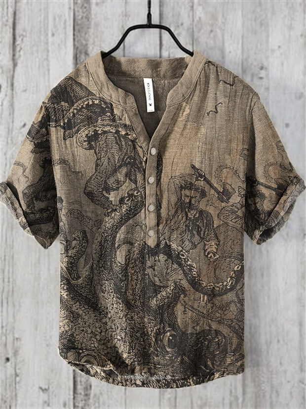 Vintage Japanese Art Print V-Neck Linen Blend Shirt