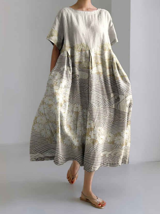 Vintage Japanese Art Printed Crew Neck Casual Midi Dress