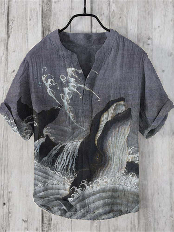 Vintage Japanese Art Whale Wave Linen Blend Shirt