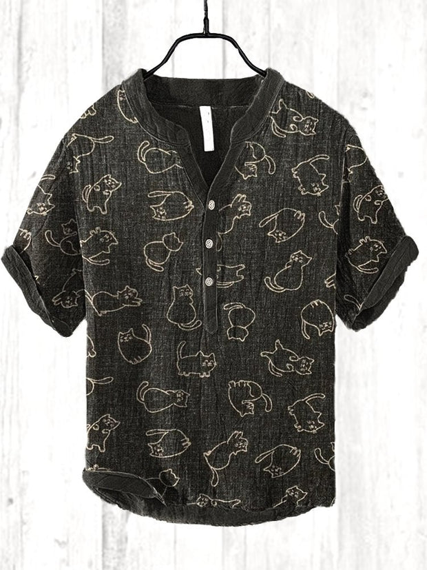 Vintage Japanese Cats Printed Casual Cozy Cotton Linen Shirt