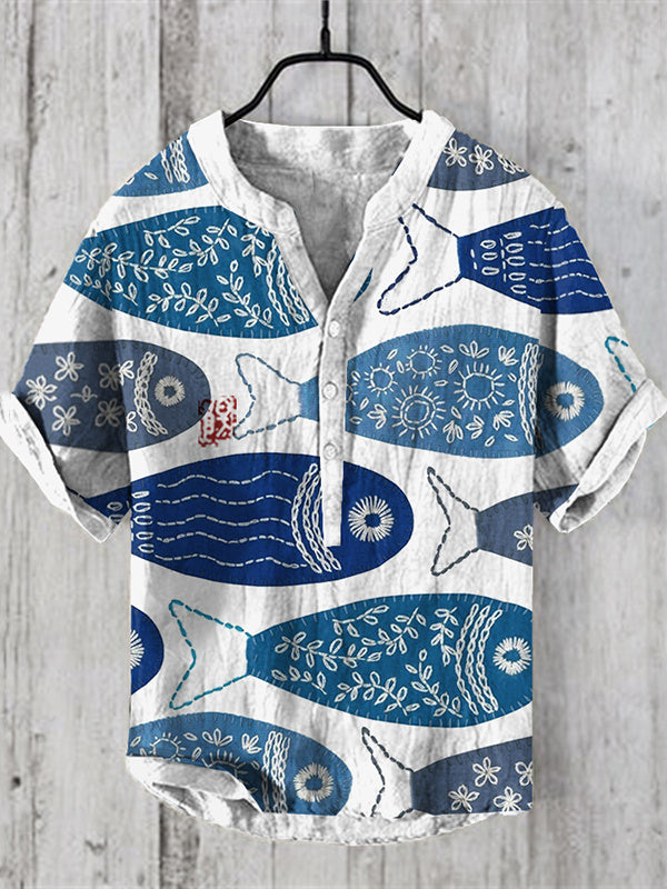 Vintage Japanese Fish Art Linen Blend Cozy Shirt