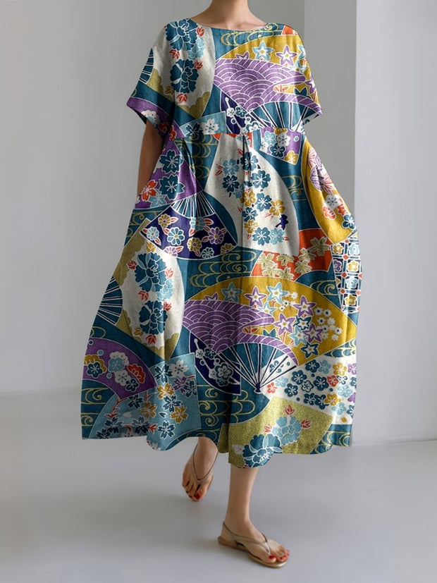 Vintage Japanese Floral Fan Printed Casual Midi Dress