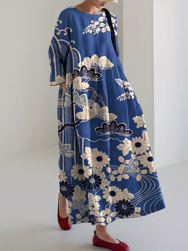 Vintage Japanese Flower Art Print Casual Midi Dress