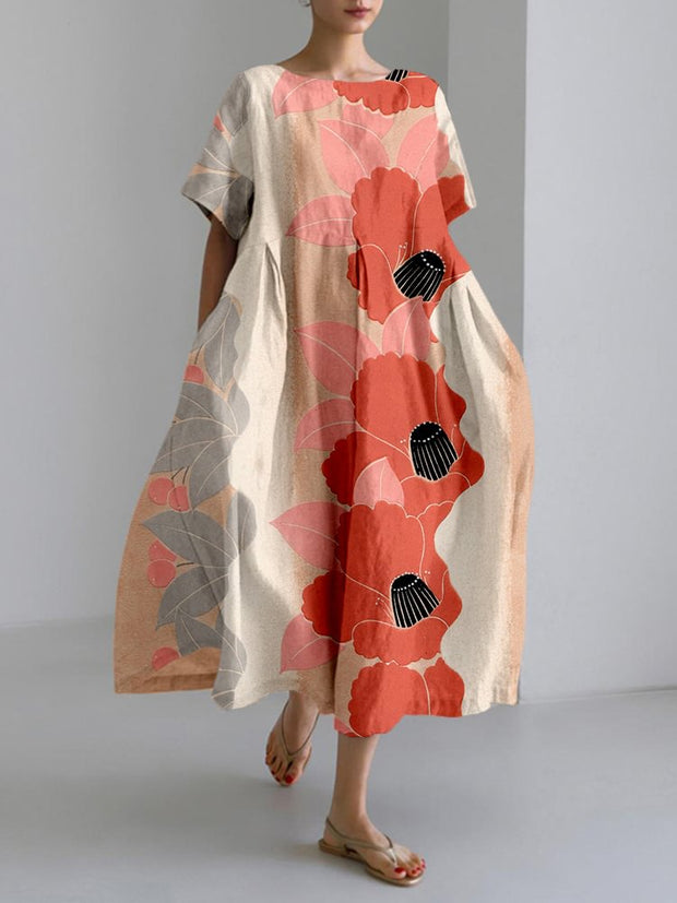 Vintage Japanese Flowers Art Linen Blend Maxi Dress