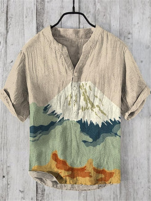 Vintage Japanese Mount Fuji Landscape Art Linen Blend Shirt