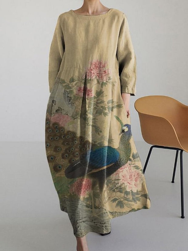 Vintage Japanese Peacock Art Long Sleeve Midi Dress