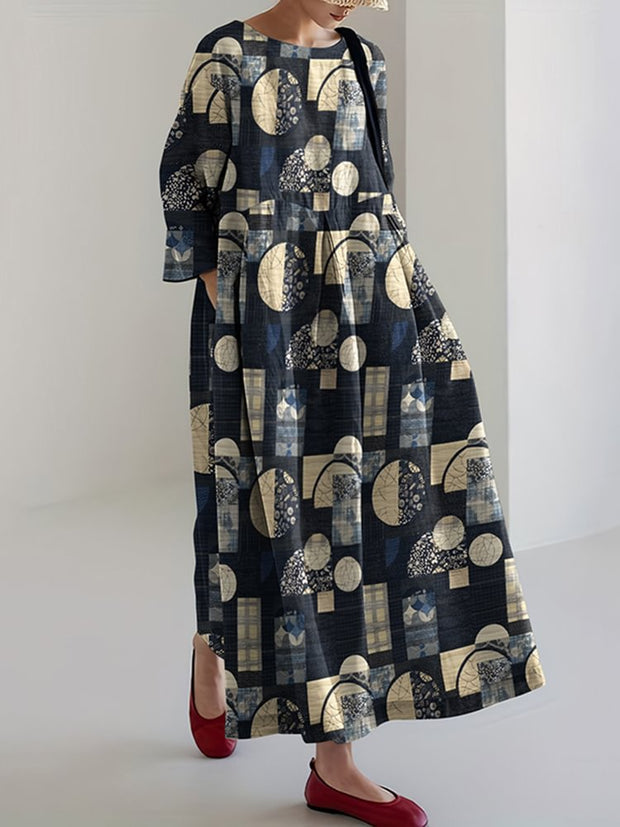 Vintage Japanese Traditional Sashiko Patchwork Art Cropped Print Casual Midi Dress
