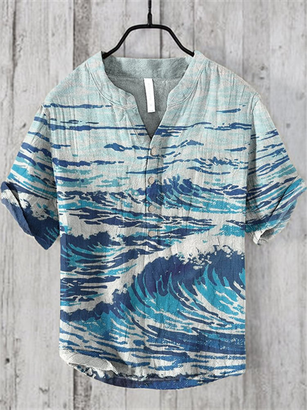 Vintage Japanese Waves Art Print V-Neck Short Sleeved Shirt