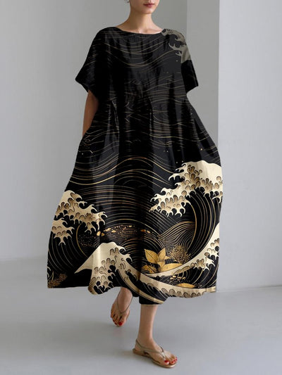 Vintage Japanese Waves Pattern Linen Blend Maxi Dress