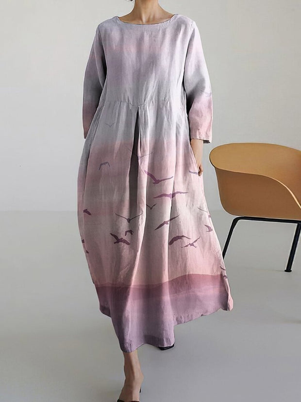 Vintage Loose Japanese Art Flying Birds Print Long Sleeve Midi Dress