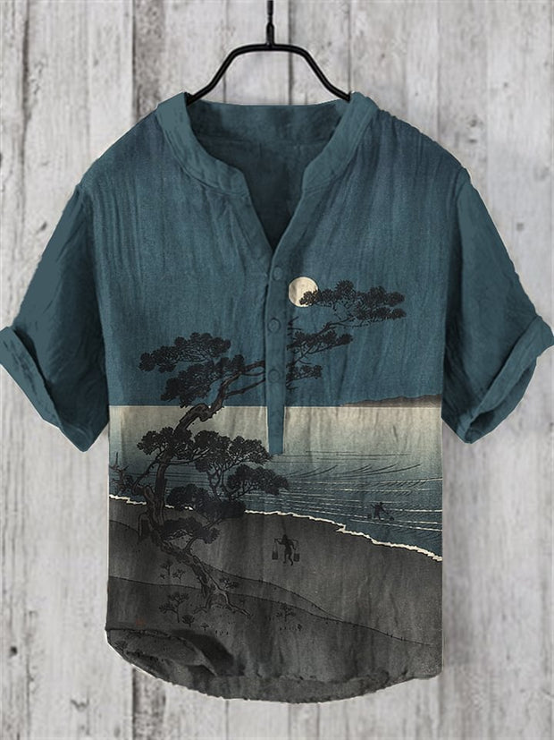 Vintage Pine Tree Landscape Art Linen Blend Shirt