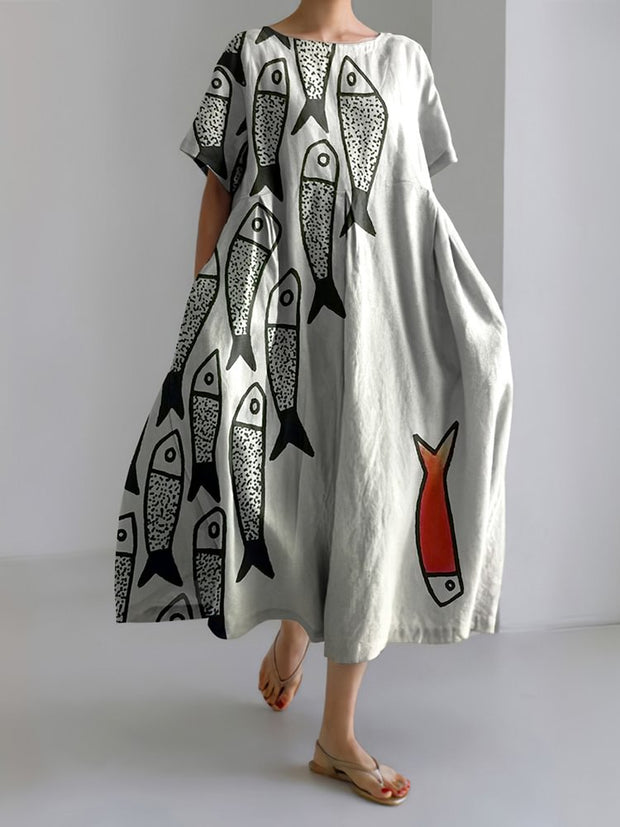 Vintage Retro Fun Sardinas Fish Art Pattern Linen Blend Maxi Dress