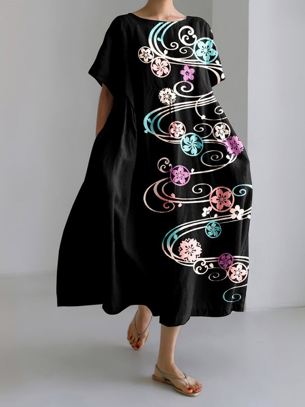 Vintage Sakura Water Flow Art Linen Blend Maxi Dress