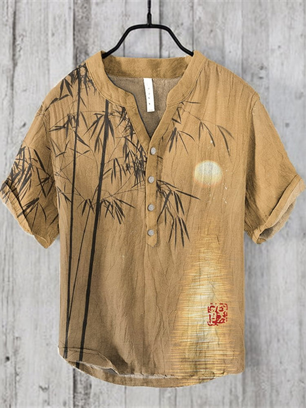 Vintage Sunset Bamboo Printed V-Neck Linen Blend Shirt