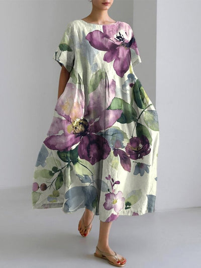 Watercolor Floral Art Print Comfortable Cotton And Linen Dress