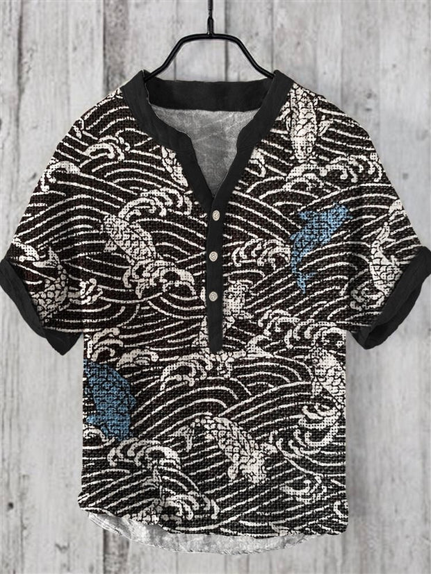 Wave Fish Art Linen V-Neck Shirt