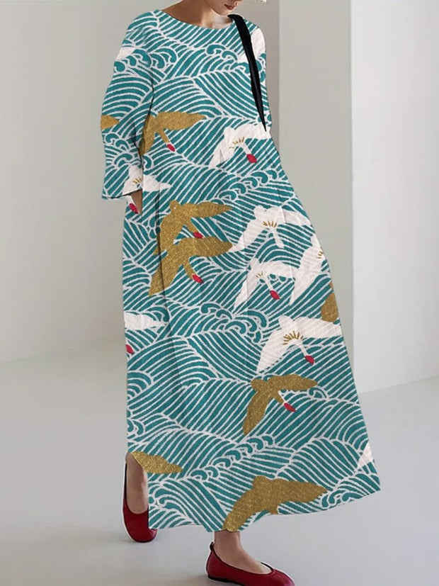 Wave Crane Print Linen Blend Maxi Dress