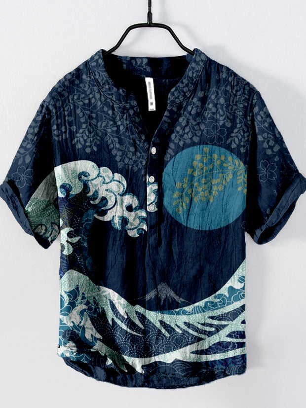 Wave of Kanagawa Japanese Art Linen Blend Shirt