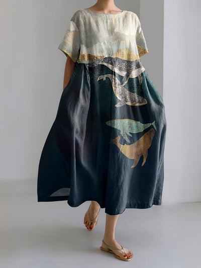 Whale Print Crew Neck Short Sleeved Midi Dress