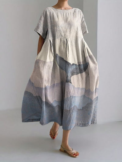 Whale Tail Sea Waves Colorblock Linen Blend Maxi Dress