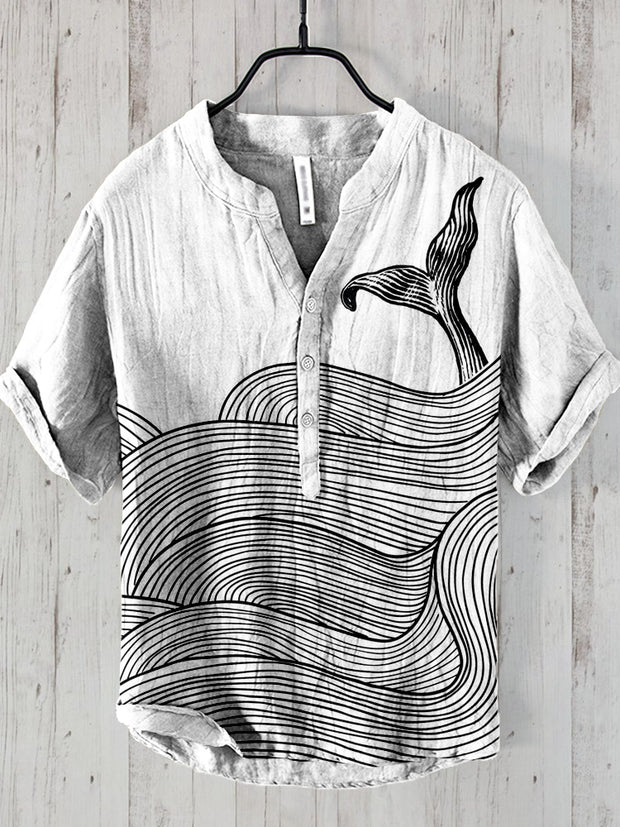 Whale Tail & Ocean Waves Linen Blend Shirt