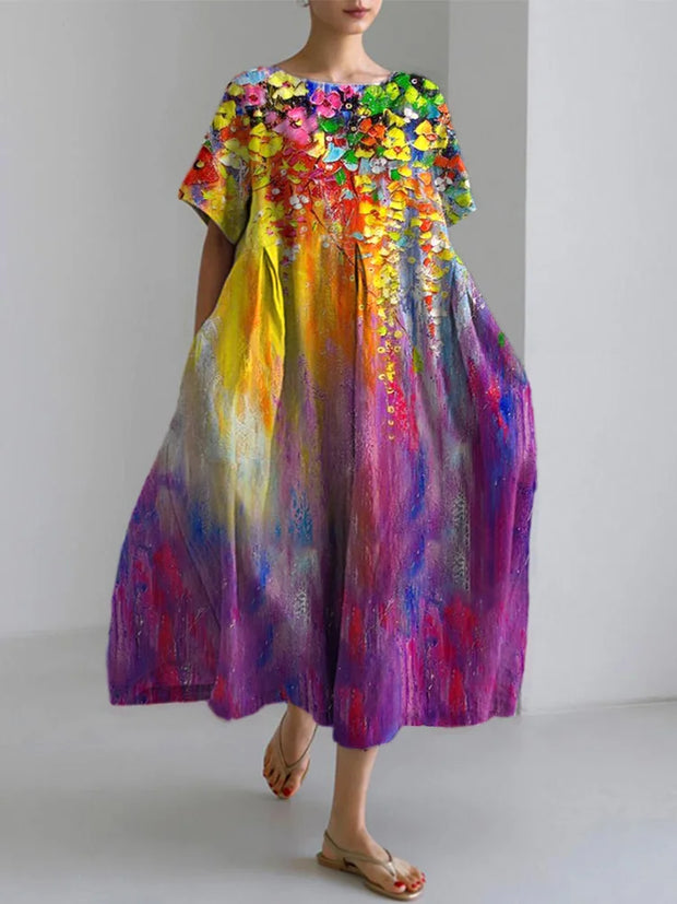 Wild Flowers Oil Painting Linen Blend Maxi Dress